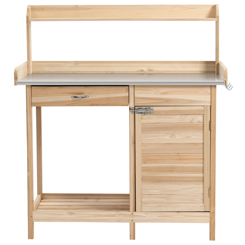 Outsunny planttafel met gegalvaniseerd werkblad, tuintafel met lade, kast, tuinwerktafel, massief hout, naturel, 112 x 45 x 125 cm