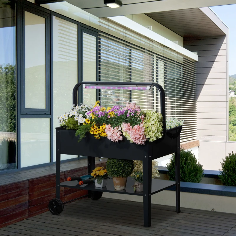 Outsunny Fioriera da Giardino Portafiori con Lampada LED per piante e Copertura in PE, Ruote e Maniglia, in Acciaio, 90x51x100 cm