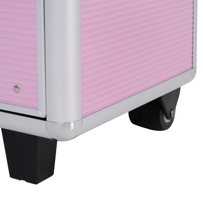 HOMCOM make-up koffer trolley professionele make-up koffer kapper make-up koffer multi koffer voor kapper met wielen 2 sleutels uittrekbare vakken lades roze aluminium 36 x 23 x 58 cm