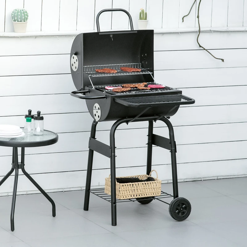 Outsunny Houtskoolgrill BBQ Tuingrill met Deksel en Planken Effectieve Hittebestendige Metalen Roker BBQ Warmhoudplaten Planken Tuinfeest Transportwielen Zwart 68 x 63 x 102 cm