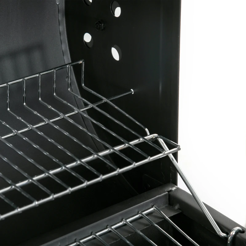 Outsunny Houtskoolgrill BBQ Tuingrill met Deksel en Planken Effectieve Hittebestendige Metalen Roker BBQ Warmhoudplaten Planken Tuinfeest Transportwielen Zwart 68 x 63 x 102 cm