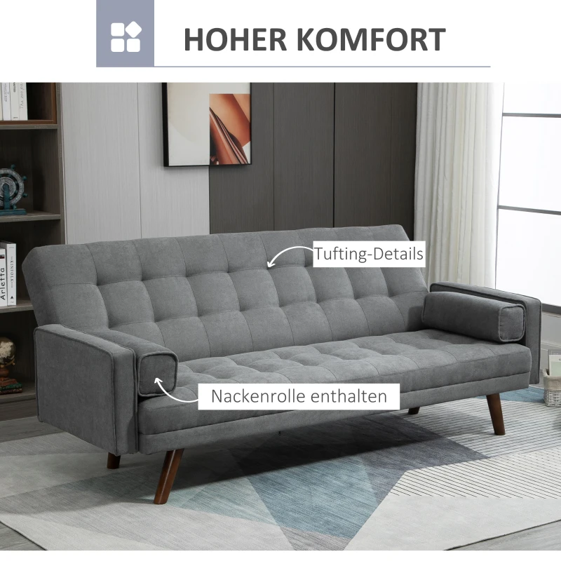 HOMCOM slaapbank opklapbare bank 3-zits stoffen slaapbank bank bank met slaapfunctie bankstel polyester hout grijs 208 x 81 x 92 cm