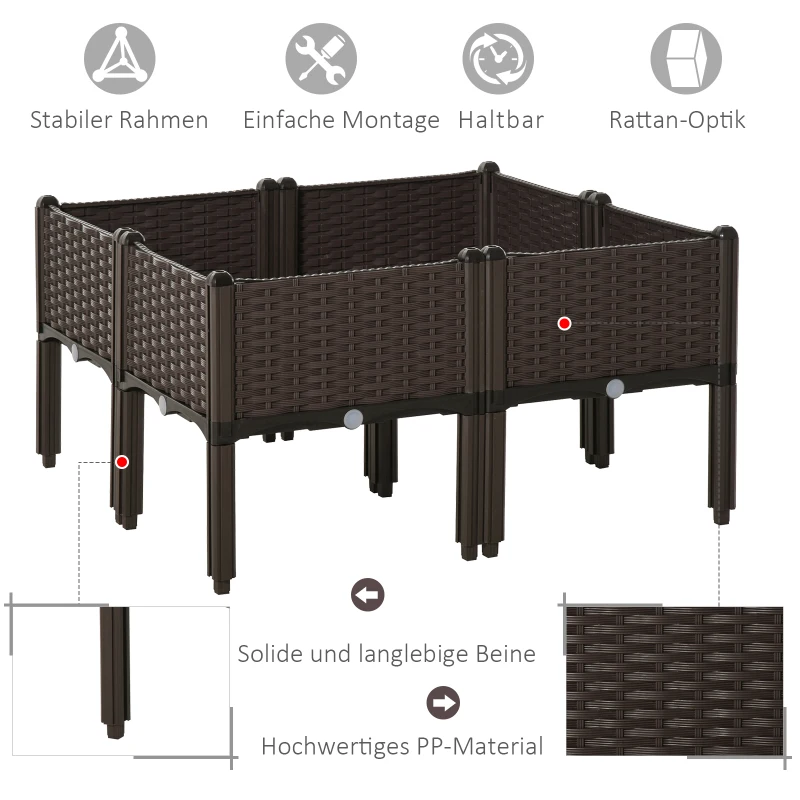 Outsunny verhoogd bed 4-delige plantenbak met drainagegaten rotan look bloembak DIY bruin 40 x 40 x 44 cm