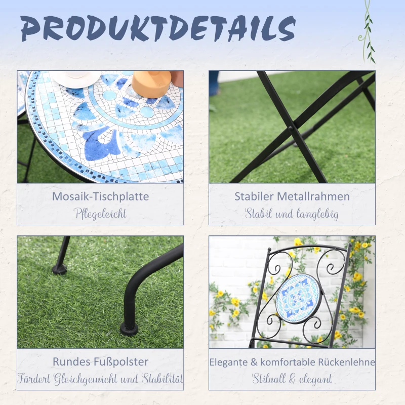 Outsunny Ø 61 cm tuinzitgroep 3-delige bistroset set 1 tafel + 2 klapstoelen voor terrasbalkon staalblauw