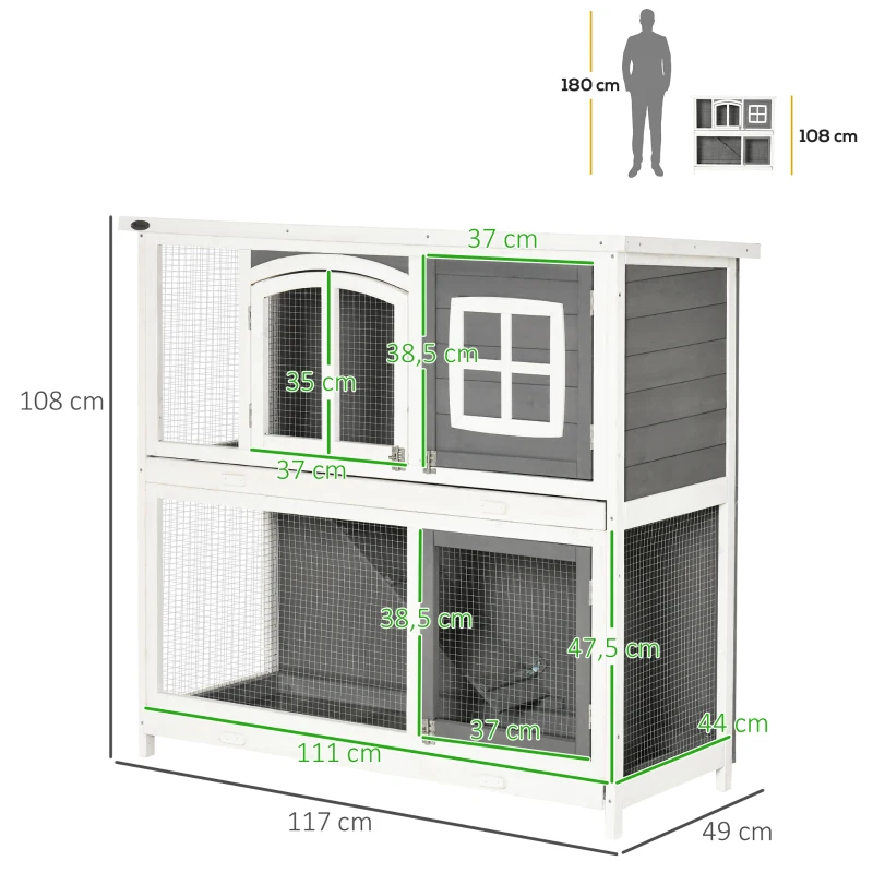 Pawhut hok voor kleine dieren Kooi voor kleine dieren met bodempan en oprit cavia hok cavia kooi 2 verdiepingen klein dierenhok dennenhout wit + grijs 117 x 49 x 108 cm
