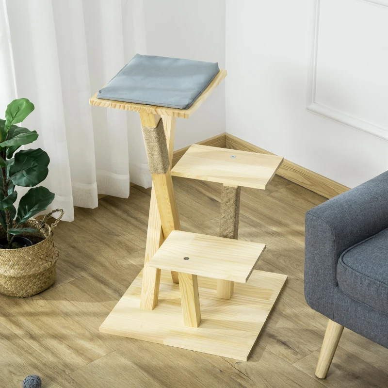 PawHut houten krabpaal voor binnen en buiten, krabpaal, klimboom met jute, kattenmeubel, krabplank met kussen, 3 platforms, stabiel kattenspeelgoed, naturel 48 x 48 x 78 cm