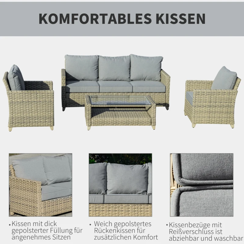 Outsunny 4-delige Luxe poly-rotan tuinmeubelset tuinset zitgroep lounge-set lounge-meubilair met bijzettafel zitkussen aluminium bruin, grijs