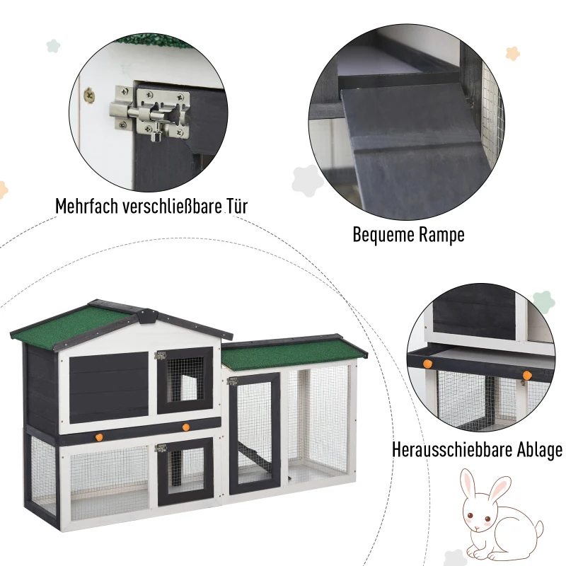 PawHut Kleintierstall Zwergkaninchenstall mit Asphaltdach Kleintierkäfige für draußen Tierstall Meerschweinchenkäfig outdoor Tannenholz winterfest Dunkelgrau+Weiß 145 x 45 x 85 cm