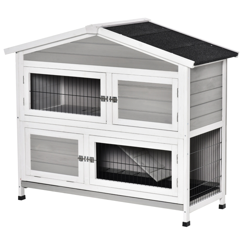 PawHut Kleintierstall 2 Ebenen Design Kleintierkäfig Meerschweinchenstall Kleintier mit 1 rutschfeste Rampe Tannenholz Metall Hellgrau+Weiß+Schwarz 121,5 x 57 x 104,5 cm