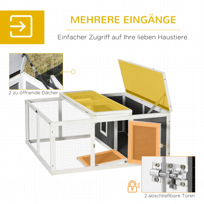 Pawhut Kleintierstall mit Freigehege wetterbeständig Tannenholz Weiß + Grau + Schwarz