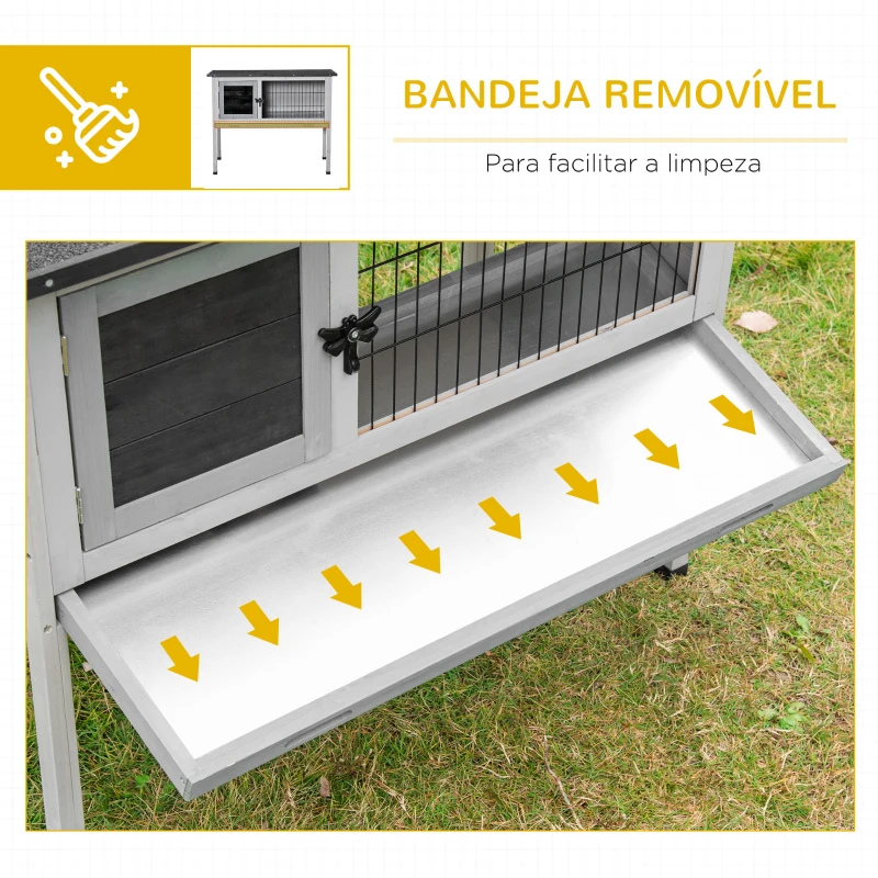 PawHut Casa para Coelhos de Madeira Coelheira para  Exterior com Bandeja Removível e Telhado Asfáltico 86x45x70cm Cinza e Preto