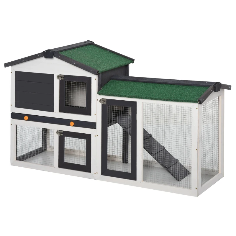 PawHut Kleintierstall Zwergkaninchenstall mit Asphaltdach Kleintierkäfige für draußen Tierstall Meerschweinchenkäfig outdoor Tannenholz winterfest Dunkelgrau+Weiß 145 x 45 x 85 cm