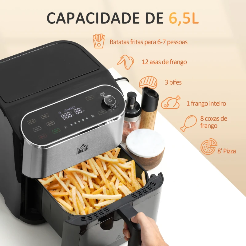 HOMCOM Fritadeira sem Óleo 4 em 1 1350W com 3 Programas Ecrã LED Tátil Temperatura Ajustável e Cesta Antiaderente 31x37,5x32cm Preto