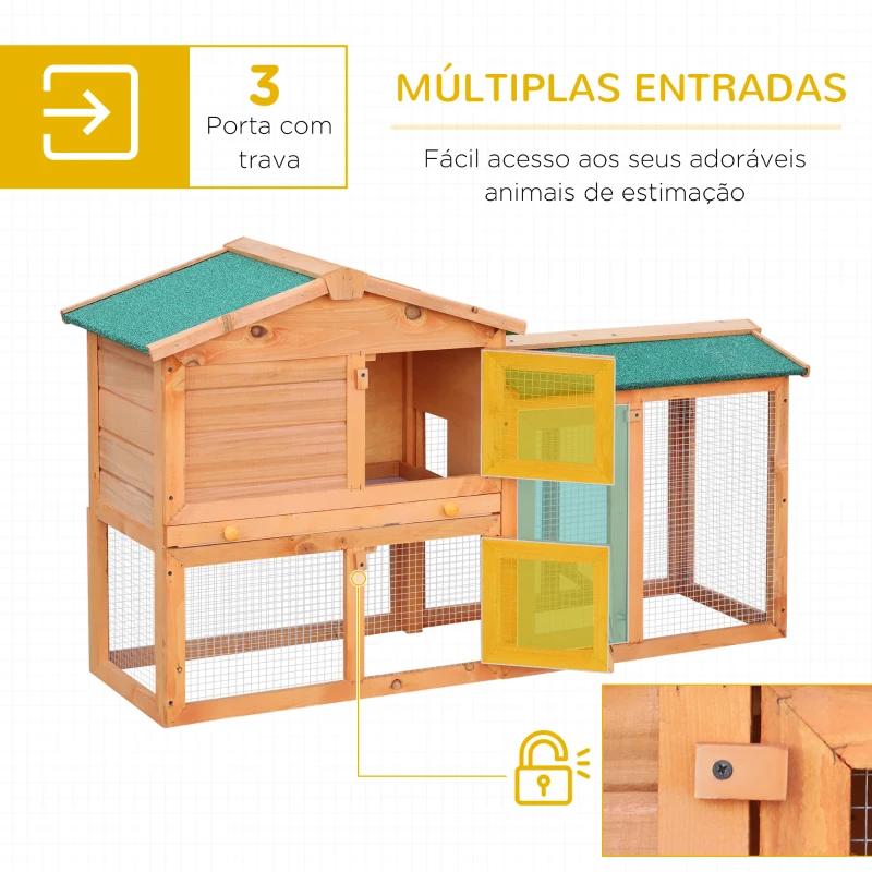 Pawhut Coelheira com parque cercado Madeira de abeto Exterior de 2 Níveis Gaiola para Coelhos 145x45x85 cm
