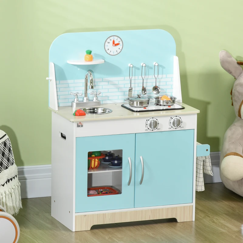 HOMCOM Cocina de Juguete de Madera para Niños de +3 Años Cocinita de Juguete con Luz y Sonidos 65x29x81 cm Azul