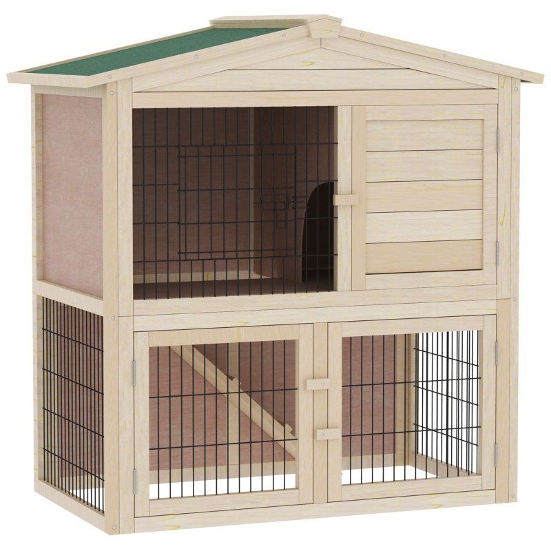 PawHut Kleintierstall mit Freilauf Kleintierkäfig Kleintiergehege für draußen Zwergkaninchenstall mit Rampe Meerschweinchenstall winterfest Tannenholz Natur 98 x 54 x 100 cm
