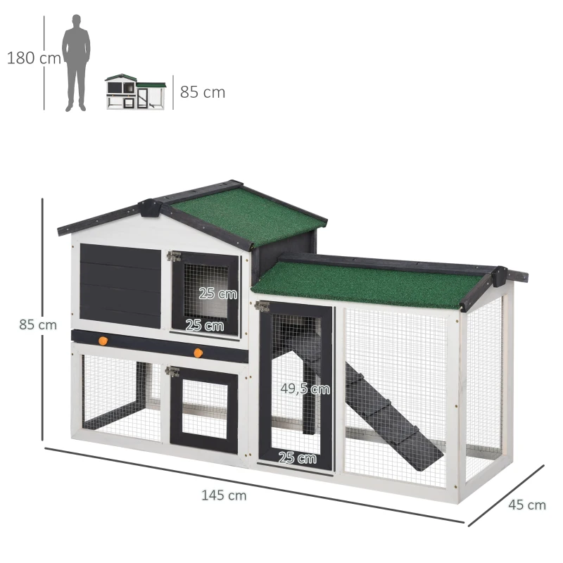 PawHut Kleintierstall Zwergkaninchenstall mit Asphaltdach Kleintierkäfige für draußen Tierstall Meerschweinchenkäfig outdoor Tannenholz winterfest Dunkelgrau+Weiß 145 x 45 x 85 cm