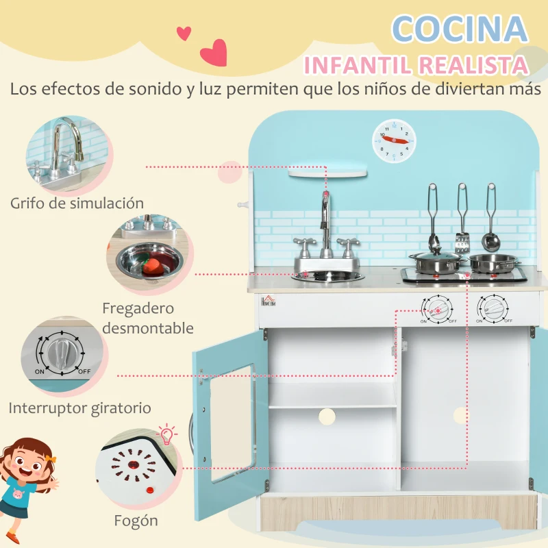 HOMCOM Cocina de Juguete de Madera para Niños de +3 Años Cocinita de Juguete con Luz y Sonidos 65x29x81 cm Azul