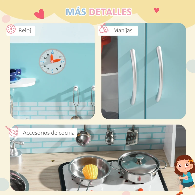 HOMCOM Cocina de Juguete de Madera para Niños de +3 Años Cocinita de Juguete con Luz y Sonidos 65x29x81 cm Azul