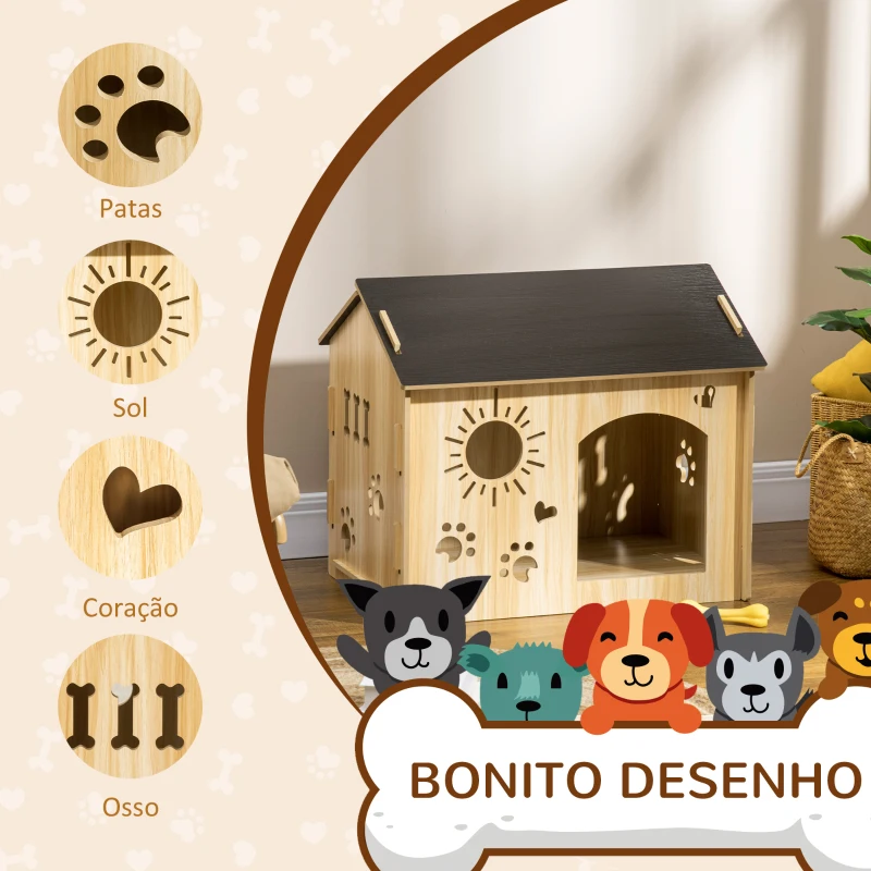 PawHut Casa de Madeira para Cães Casa para Animais de Estimação com Porta Dianteira Desenhos 69x50x58,5cm Madeira e Preto