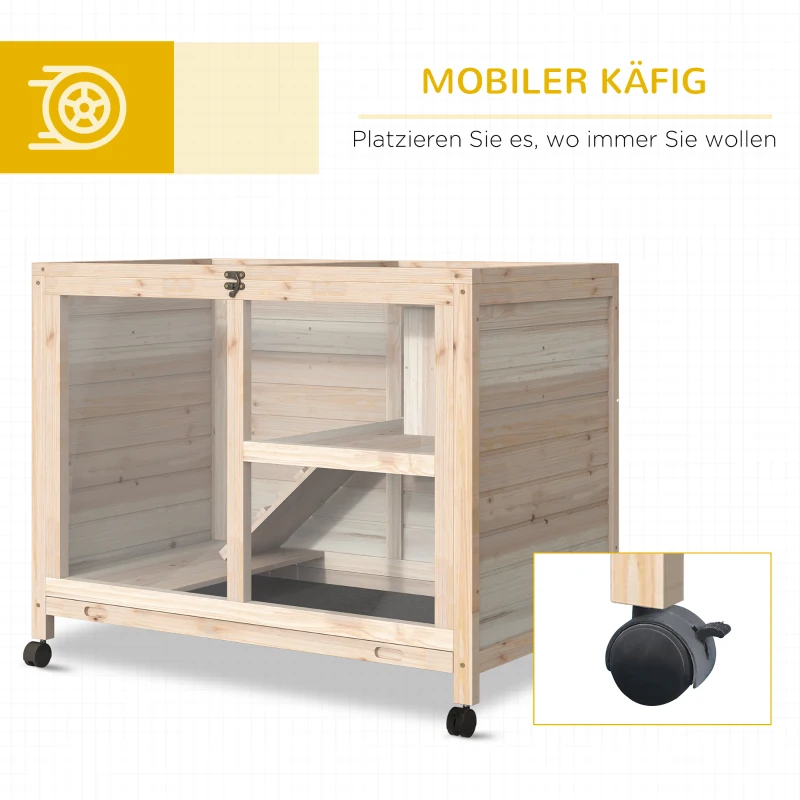PawHut konijnenhok konijnenhok met twee verdiepingen op wielen massief hout naturel(m-6)