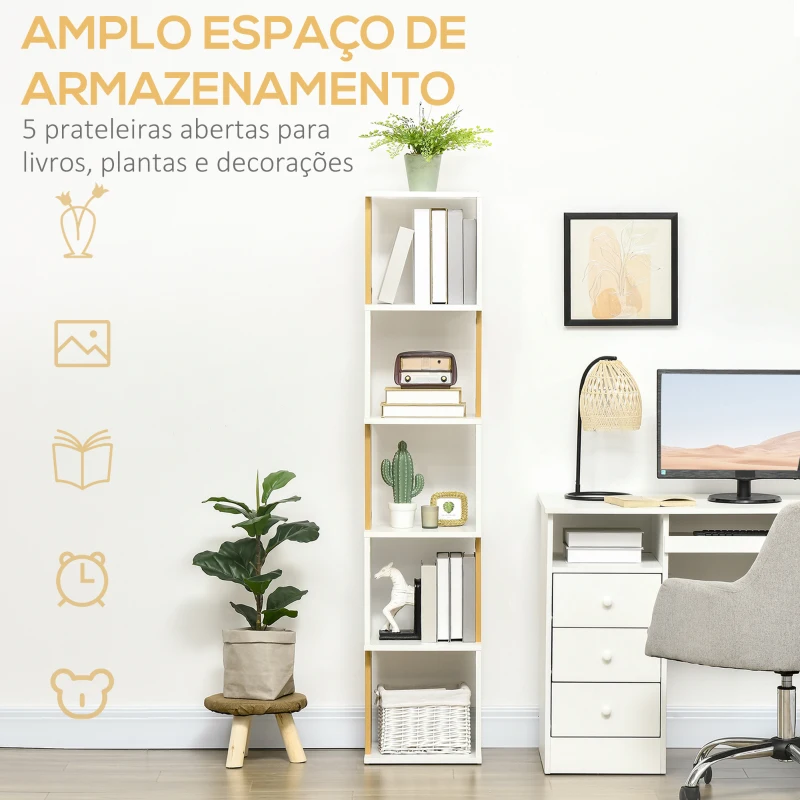 HOMCOM Estante de Livros em Forma de S Estante com 5 Prateleiras Abertas para Sala de Estar Escritório Anti-Tombo 33x28x161cm Branco
