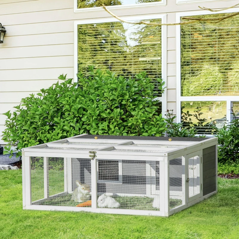 Pawhut Kleintierstall mit Freigehege wetterbeständig Tannenholz Weiß + Grau + Schwarz