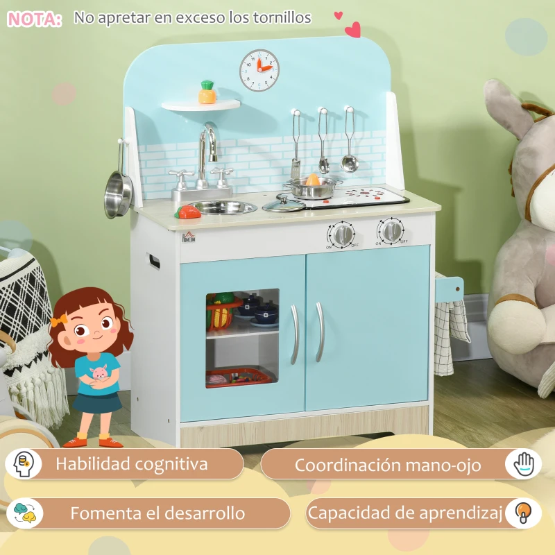 HOMCOM Cocina de Juguete de Madera para Niños de +3 Años Cocinita de Juguete con Luz y Sonidos 65x29x81 cm Azul