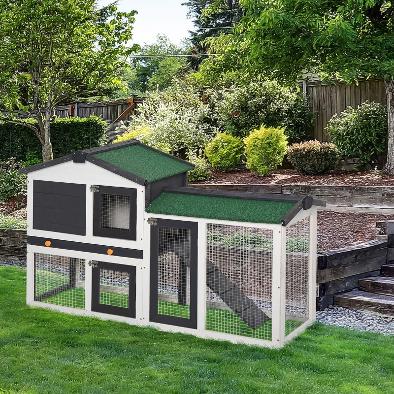 PawHut Kleintierstall Zwergkaninchenstall mit Asphaltdach Kleintierkäfige für draußen Tierstall Meerschweinchenkäfig outdoor Tannenholz winterfest Dunkelgrau+Weiß 145 x 45 x 85 cm