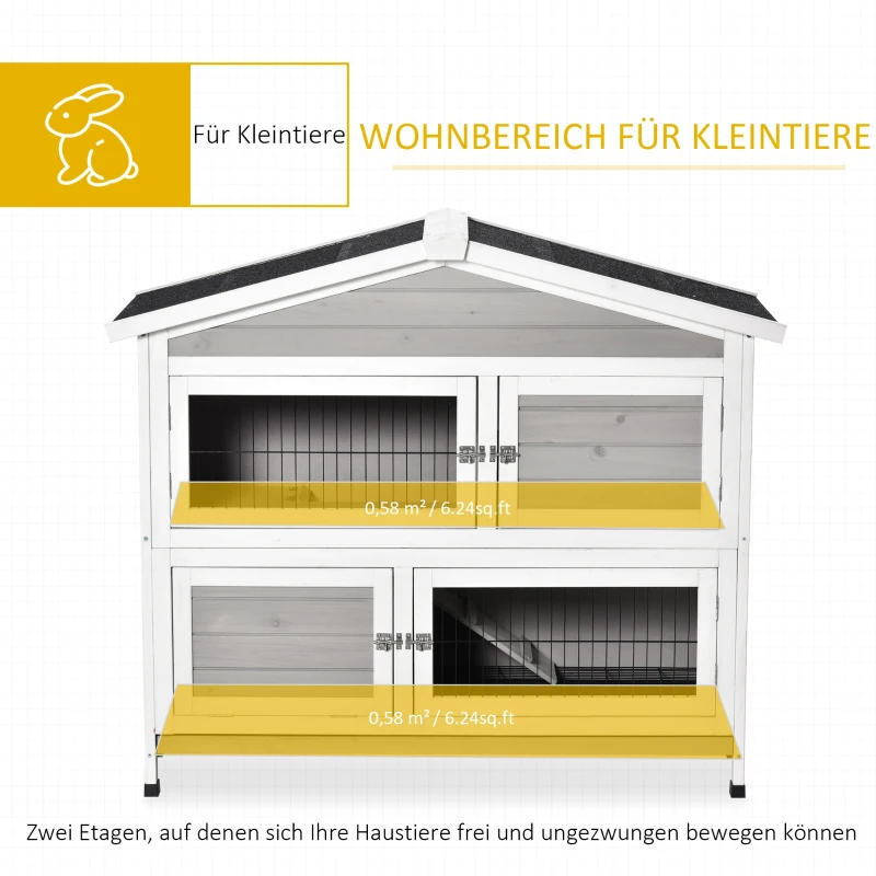 PawHut Kleintierstall 2 Ebenen wetterbeständig Tannenholz Metall Weiß + Schwarz