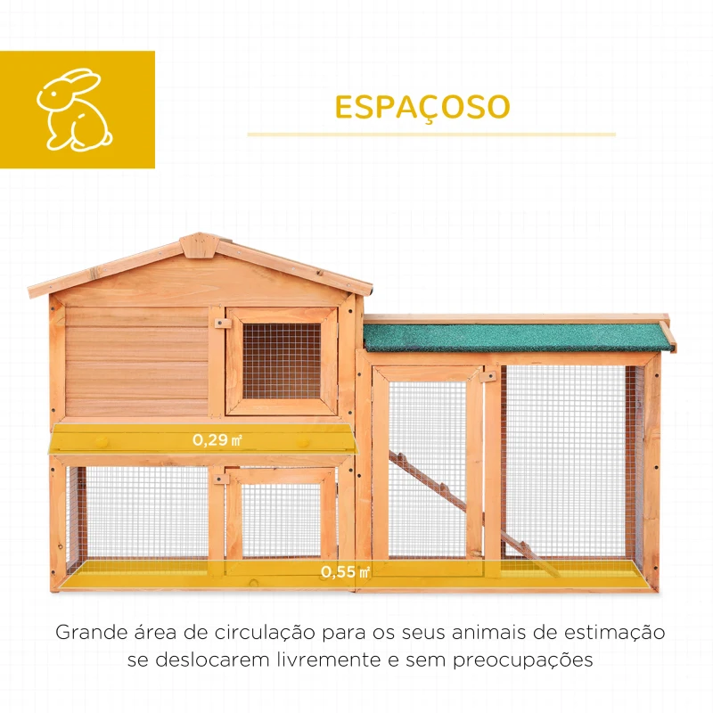 Pawhut Coelheira com parque cercado Madeira de abeto Exterior de 2 Níveis Gaiola para Coelhos 145x45x85 cm