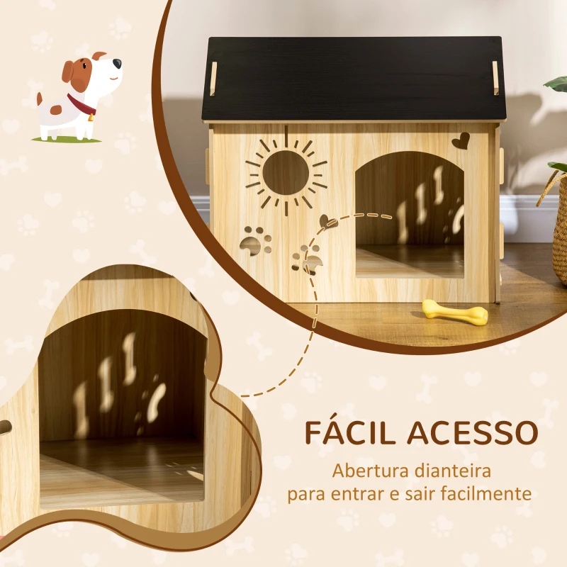 PawHut Casa de Madeira para Cães Casa para Animais de Estimação com Porta Dianteira Desenhos 69x50x58,5cm Madeira e Preto