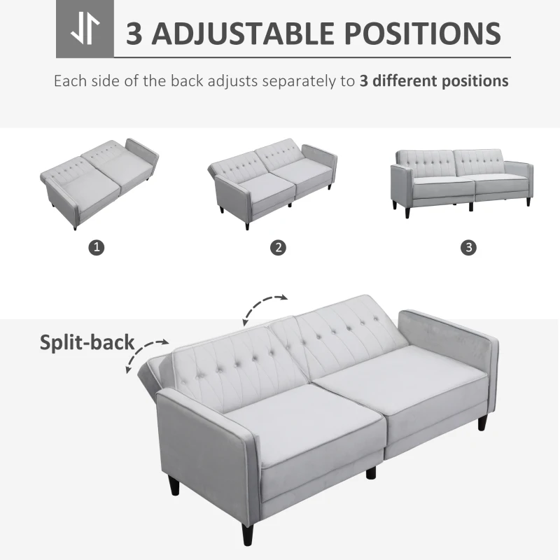 HOMCOM Sofá de 3 Plazas Convertible en Cama Tapizado en Terciopelo con Respaldo Ajustable para Salón 189x81x83,5 cm Gris