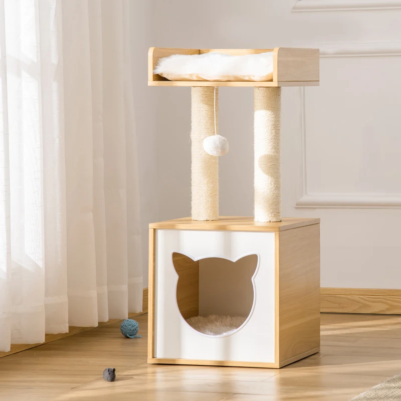 PawHut kattennest kattengrot kattenbed dierenhuis met kattenmotief speelgoedbal afneembaar spaanplaat fluweelzacht polyester sisal eiken 35 x 35 x 81 cm