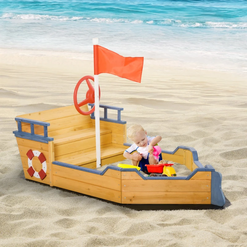 Outsunny Kids Wooden Sandpit Children Sandbox Pirate Ship Sandboat Outdoor Backyard Playset Play Station w/ Bench Bottom Liner