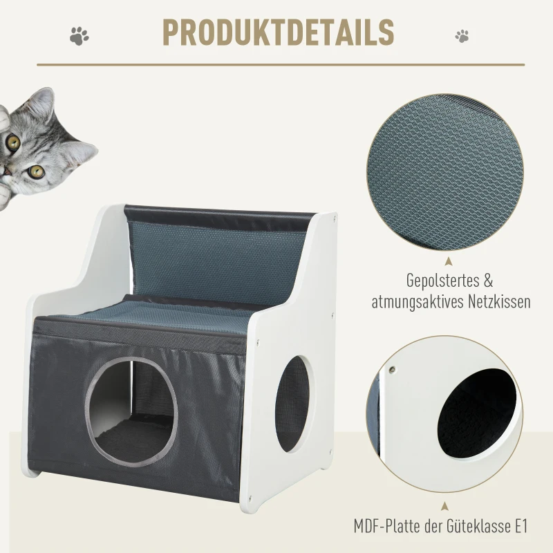 PawHut kattenhuis met terras 2-laags kattenbed gezellige kattengrot Oxford stof-grijs