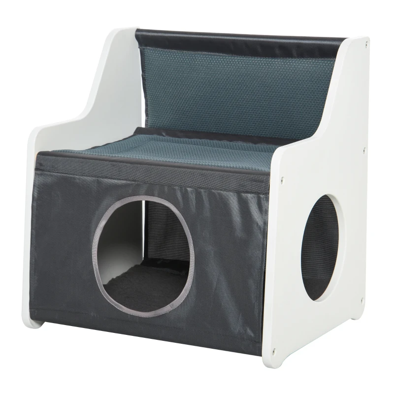 PawHut kattenhuis met terras 2-laags kattenbed gezellige kattengrot Oxford stof-grijs