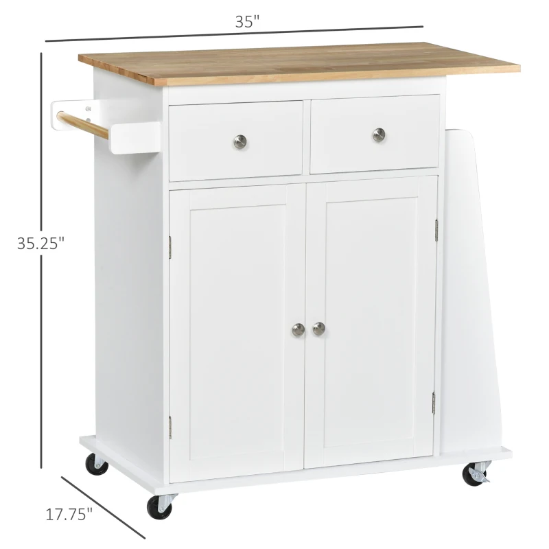 HOMCOM Kitchen Island Storage Cabinet Rolling Trolley with Rubber Wood Top, 3-Tier Spice Rack, Large Cabinet & Drawers
