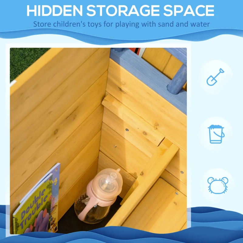 Outsunny Kids Wooden Sandpit Children Sandbox Pirate Ship Sandboat Outdoor Backyard Playset Play Station w/ Bench Bottom Liner