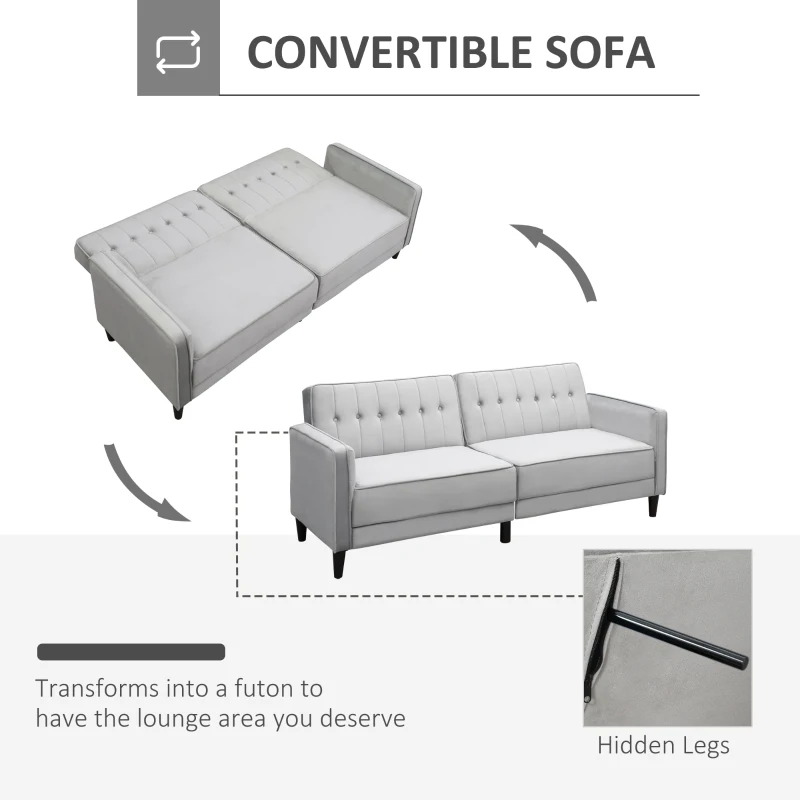 HOMCOM Sofá de 3 Plazas Convertible en Cama Tapizado en Terciopelo con Respaldo Ajustable para Salón 189x81x83,5 cm Gris