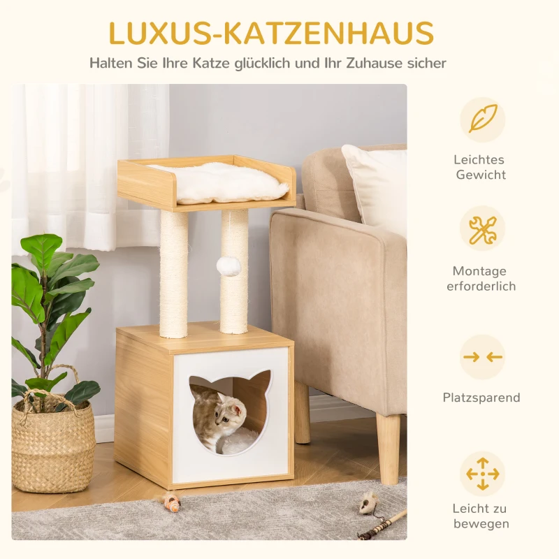 PawHut kattennest kattengrot kattenbed dierenhuis met kattenmotief speelgoedbal afneembaar spaanplaat fluweelzacht polyester sisal eiken 35 x 35 x 81 cm