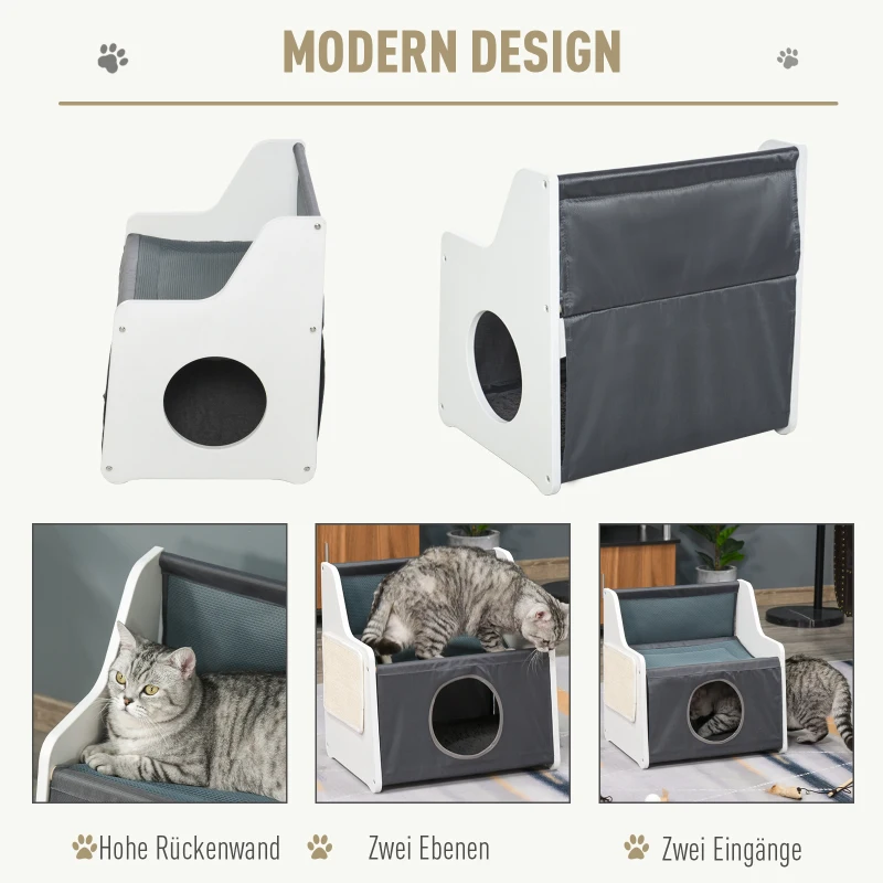 PawHut kattenhuis met terras 2-laags kattenbed gezellige kattengrot Oxford stof-grijs