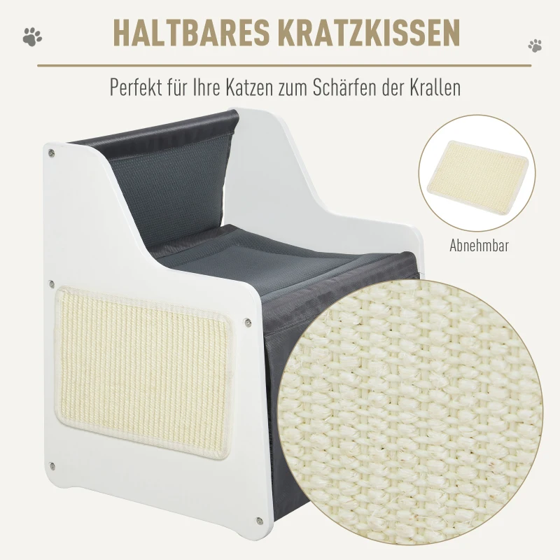 Pawhut Katzenhaus mit Terrasse 2-lagiges warmes Katzenbett Kuschelhöhle zum schlafen für Katzen, Oxford-Stoff, Weiß+Grau, 48x37,5x50 cm