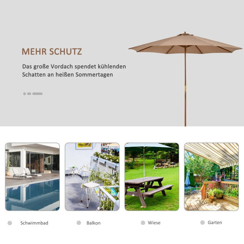 Outsunny Parasol ogrodowy z drewna 300 cm, Parasol na balkon z bambusa, Khaki