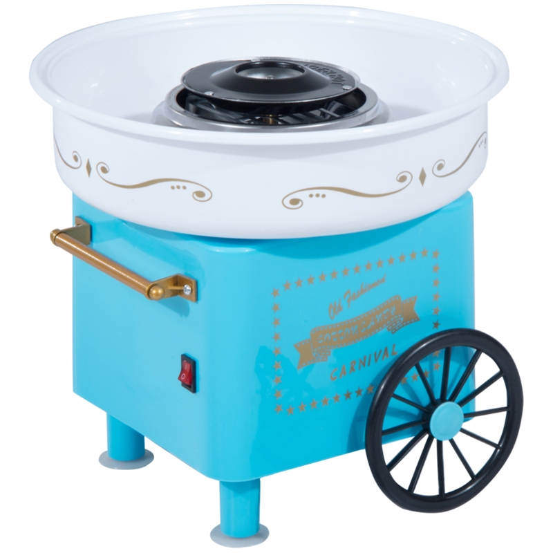 HOMCOM Máquina de Algodão Doce Estilo Retrô Potência 450W-550W Doce com Colher Medidora e 10 Palitos de Bambu 30x30x28cm Azul