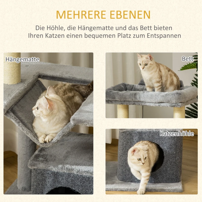 PawHut krabpaal 100 cm met hangmat speelboom kattengrot platforms klimboom kattenkrabpaal activiteit krabpaal pluche sisal grijs(m-5)