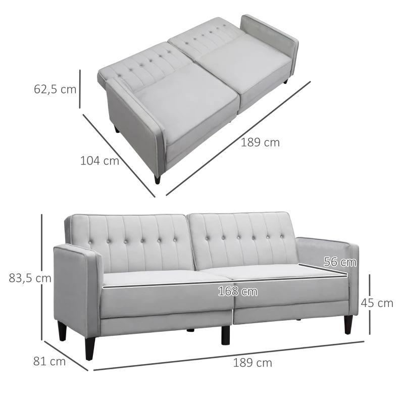 HOMCOM Sofá de 3 Plazas Convertible en Cama Tapizado en Terciopelo con Respaldo Ajustable para Salón 189x81x83,5 cm Gris