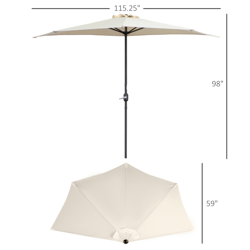 Outsunny 3(m) Half Parasol Semi Round Umbrella Patio Metal Frame Crank Handle for Balcony-- NO BASE INCLUDED, White