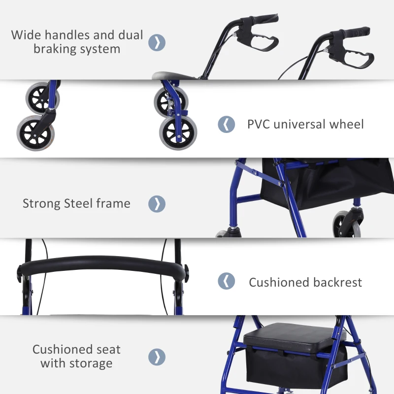HOMCOM Adjustable Aluminum Rollator Rehabilitation Foldable Drive Medical Wheelchair W/ Bag