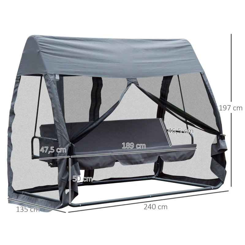 Outsunny Baloiço de Jardim de 3 Lugares Convertível em Cama com Rede Mosquiteira Carga Máxima 300kg 240x140x197cm Cinza